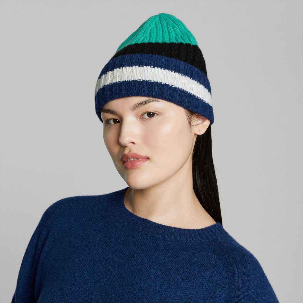 The Cashmere Beanie | Bright Navy Multi Stripe