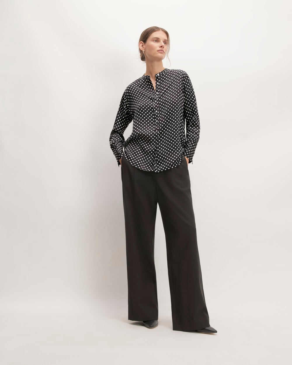 The Hammered Satin Popover Shirt | Black / Bone Polka Dot