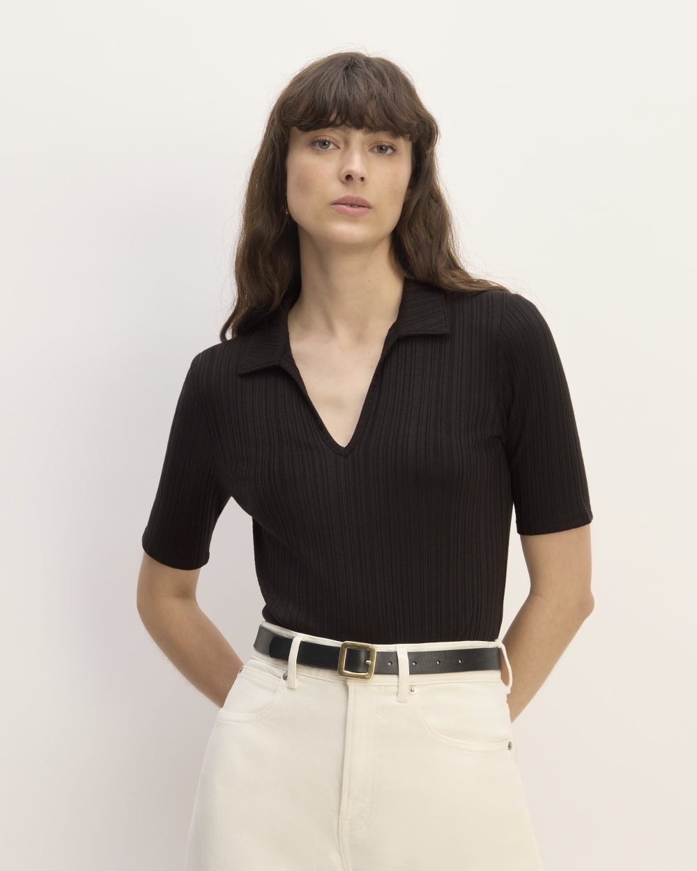 The Rib Soft Knit Open Collar Polo | Black
