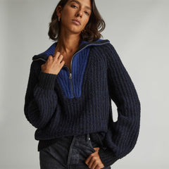 The Luxe Teddy Oversized Half Zip Sweater | Black / Ocean Cavern