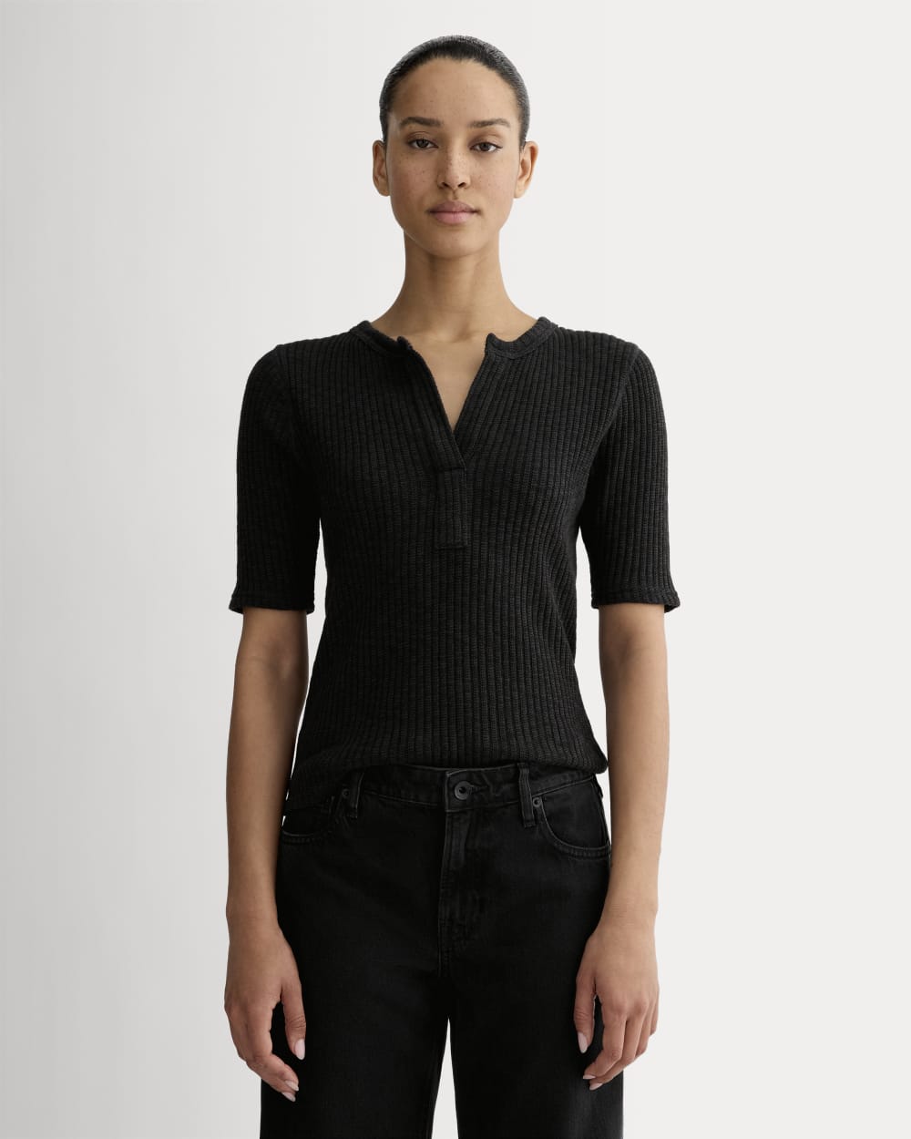 The Rib-Knit Short-Sleeve Henley | Black