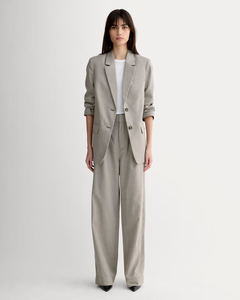 The Draper Pleated Pant in Buttersmooth | Deep Taupe Mini Gingham  | 32" Inseam