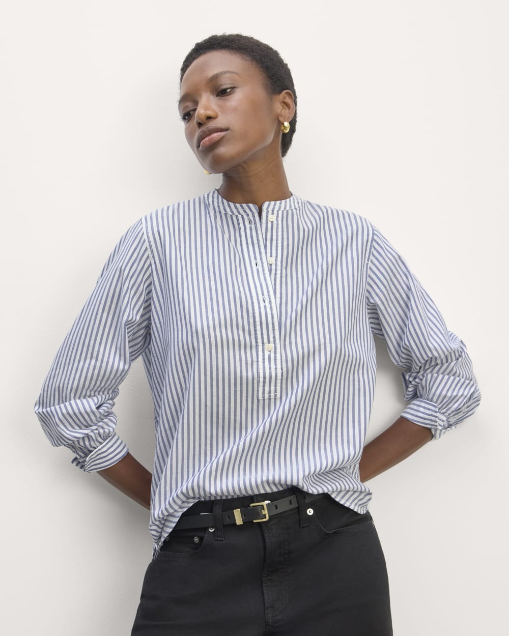 The Henley Shirt in Silky Cotton | White / Bellwether Blue