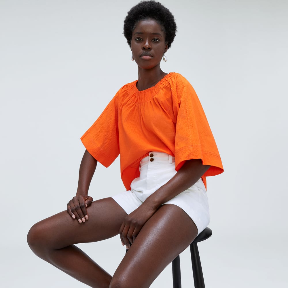 The Seersucker Gathered Tee | Bright Orange