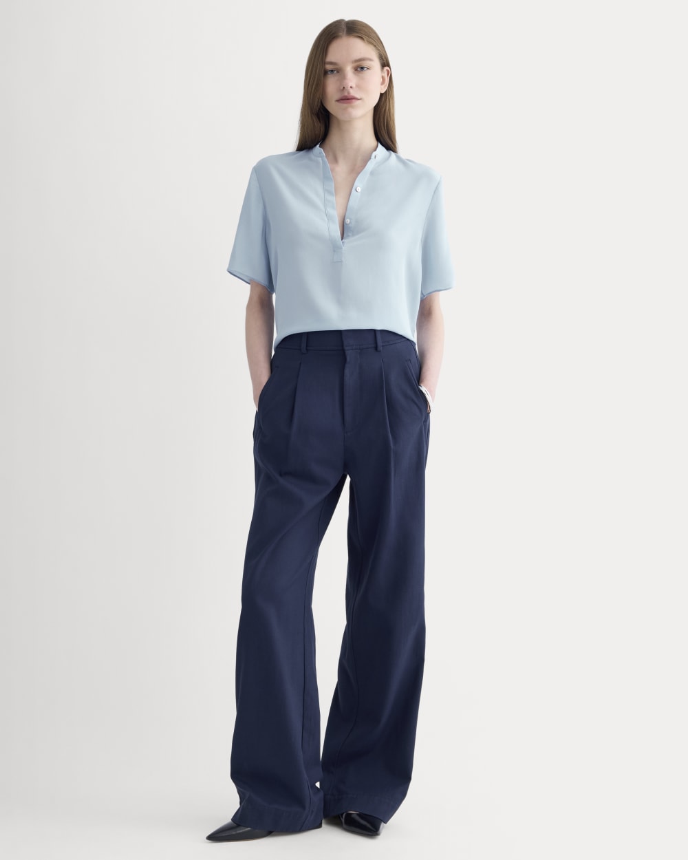 The Popover Top in Washable Silk | Soft Blue