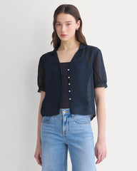 Notch Collar Shirt in Silk Georgette | Navy
