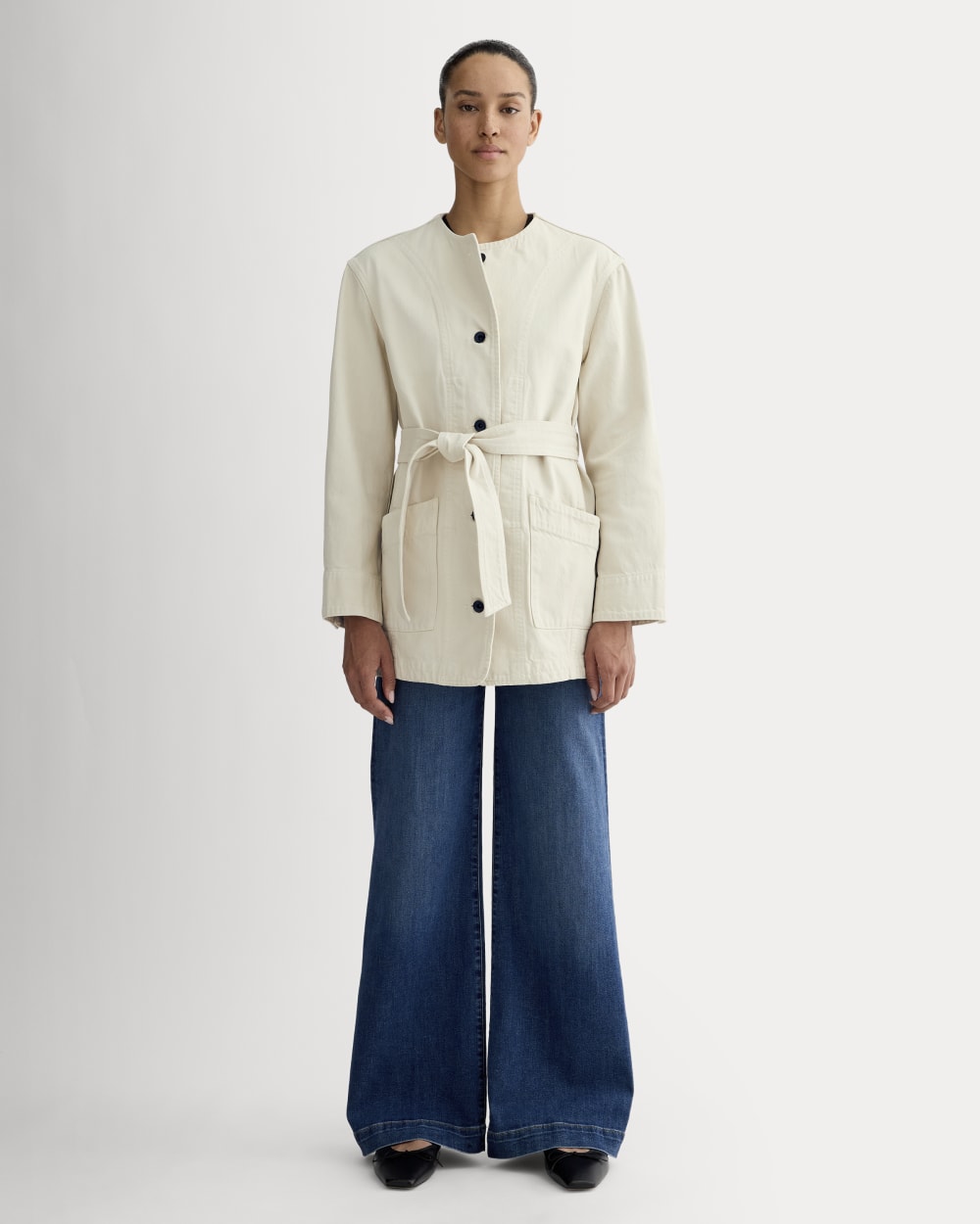 The Long Denim Barrel Jacket | Garment-Dyed Sand