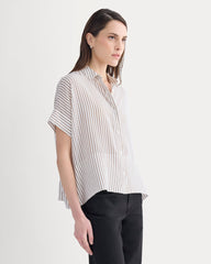 The Boxy Shirt in Washable Silk | Bone / Toffee Stripe